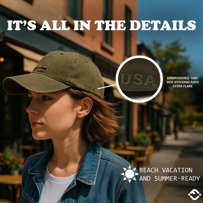 Funky Junque Cool Mom Beach Baseball Cap for Women, Distressed Vintage Dog Mom Hat Embroidered Adjustable Unconstructed Cotton - American Flag - Olive - Image 4